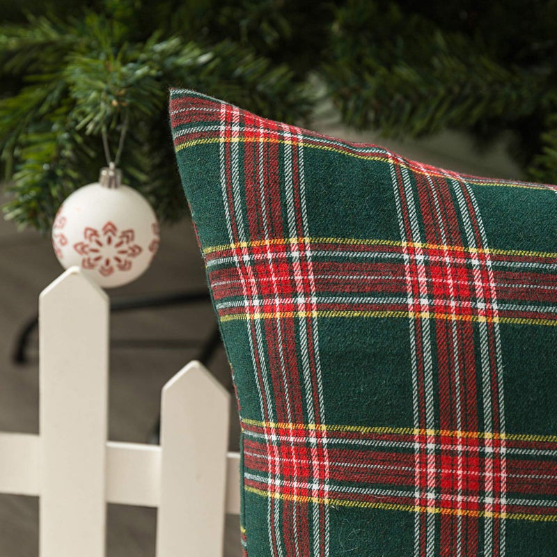 AQOTHES Pack of 2 Christmas Plaid Decorative Throw Pillow Covers Scottish Tartan Cushion Case for Farmhouse Home Holiday Decor Red and Green  18 x 18 Inches - Image 5
